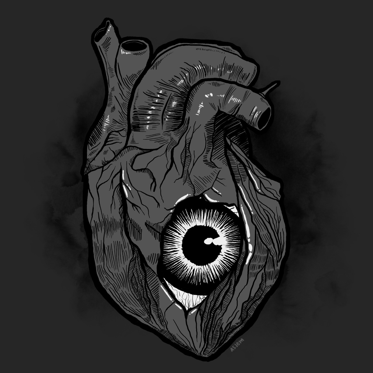 An illustration in pen-and-ink style of an anatomical heart. Part of it gapes open to reveal an eye.
