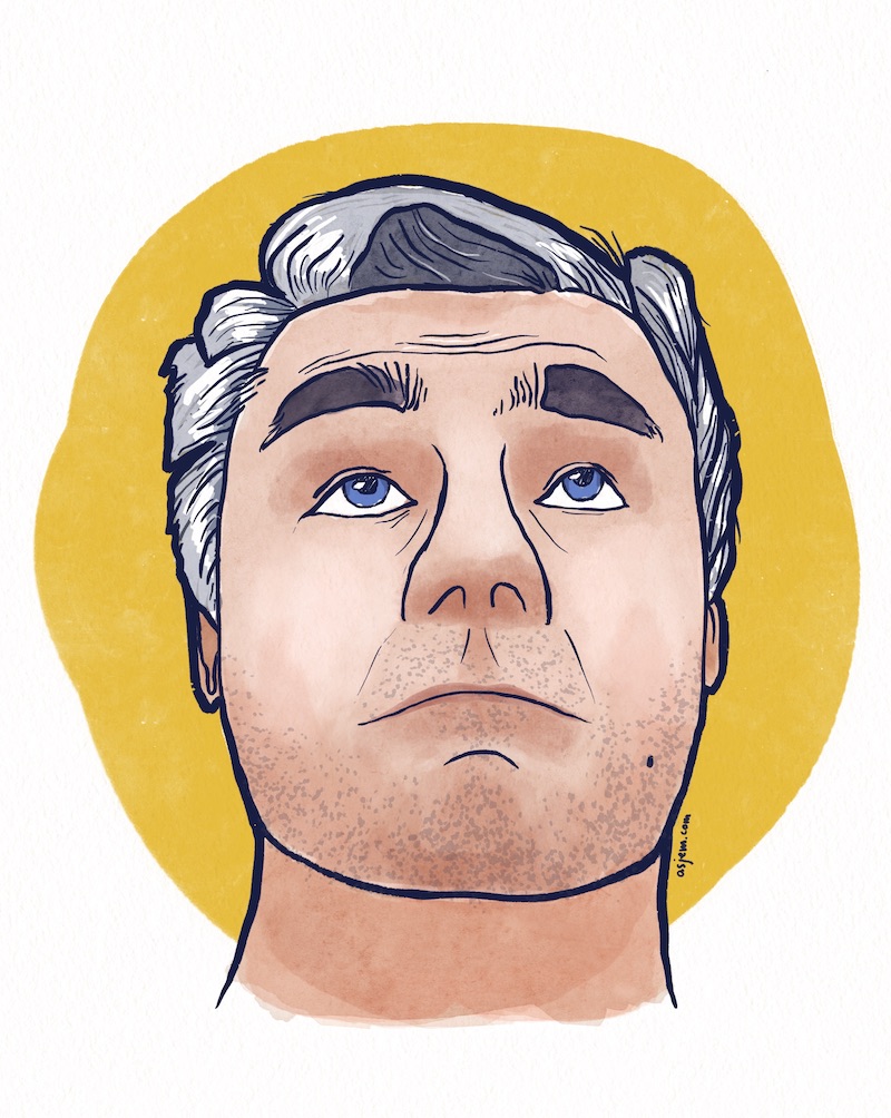 A portrait in digital watercolor and marker of chess grandmaster Vasyl Ivanchuk. He is looking upwards with a slight, thoughtful smile against a yellow background.