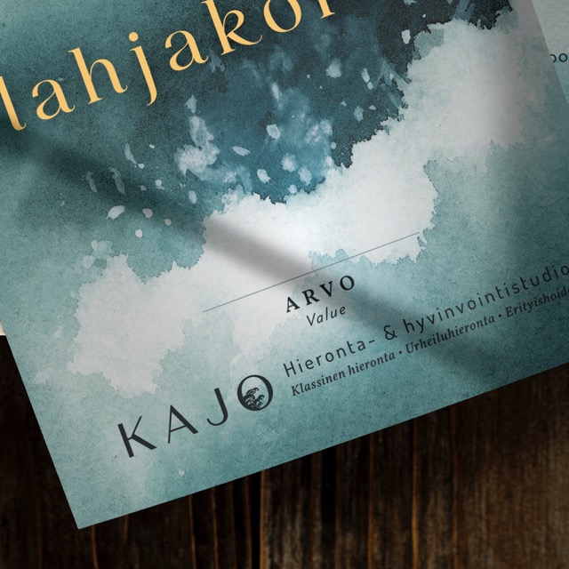 A mockup of a large square gift certificate reading 'Kajo' on a blue and white painted background of ocean waves.