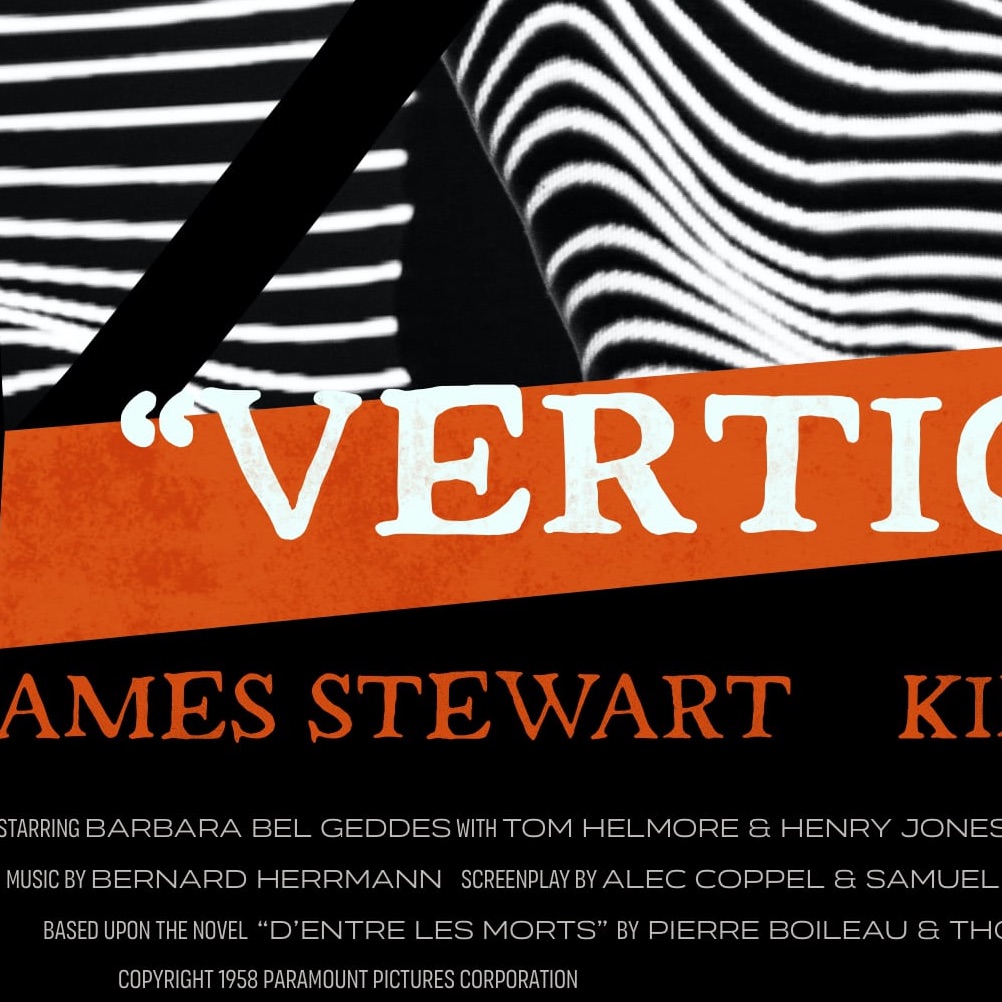My design for a Vertigo poster. It has a black-and-white photo of a woman facing away from the viewer with wavy white stripes of light flowing over her. The image is slashed in half by a black streak.
