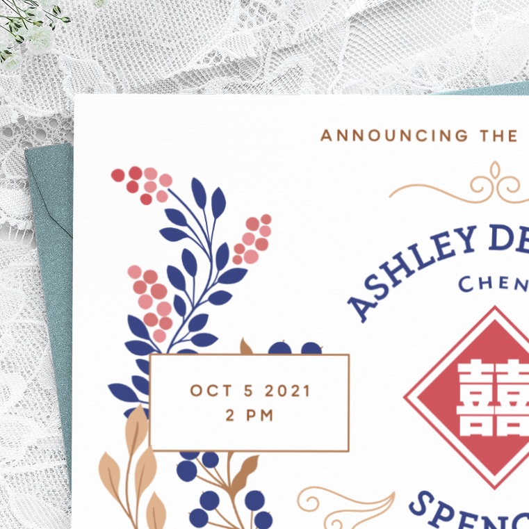 A mockup of a wedding announcement in white, gold, blue, and pink.